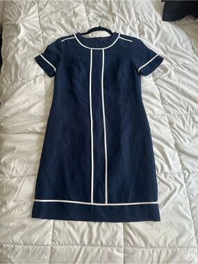 Banana Republic Navy Linen Blenr Dress with White Trim Size 0-4 Retro Mod